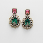 Load image into Gallery viewer, Aquamarine Emerald Pink Kundan Statement Earrings