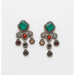 Load image into Gallery viewer, Multi-stone chandelier earrings with emerald green square studs, red oval stones, pearl accents, and dangling geometric charms in antique silver finish.