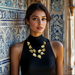 Load image into Gallery viewer, A woman wearing a black sleeveless top and a gold-toned geometric patterned necklace.