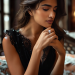 Load image into Gallery viewer, A woman wearing a black lace dress with her hand resting on her cheek, showcasing a silver ring with a round-cut center stone and a halo surrounded by baguette-cut stones on her finger.