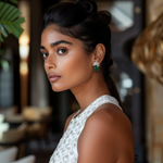 Load image into Gallery viewer, A person wearing green dewdrop-shaped earrings with a silver finish.