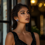 Load image into Gallery viewer, A person wearing a black dress and silver sapphire stud earrings, with a focus on the earrings.