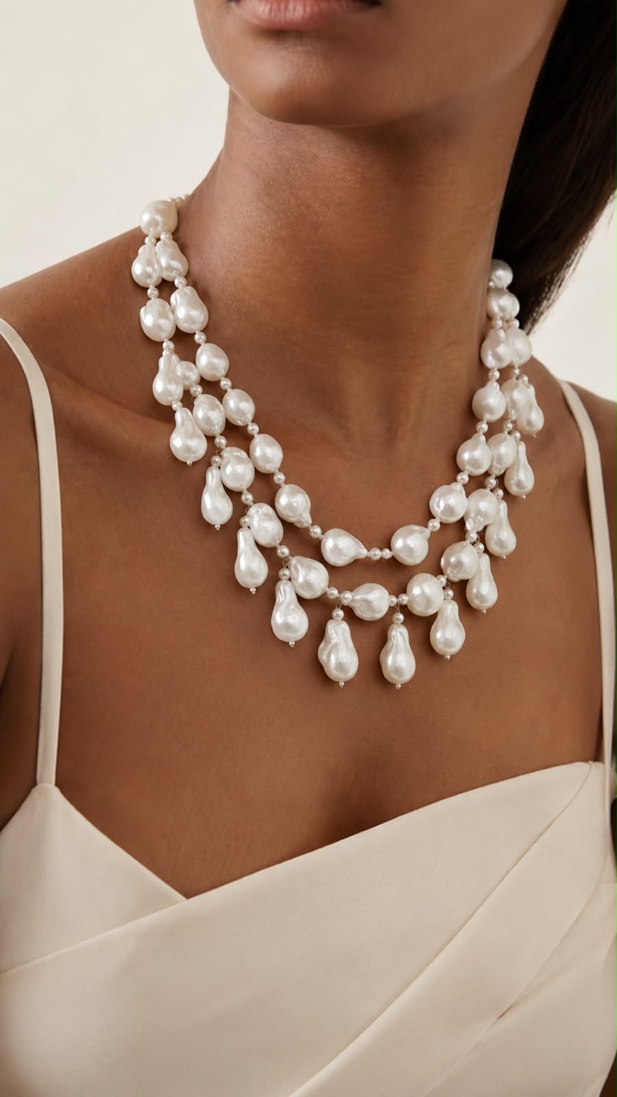 Double-strand baroque pearl necklace worn by a model — handcrafted luxury bridal jewellery by Aquamarine
