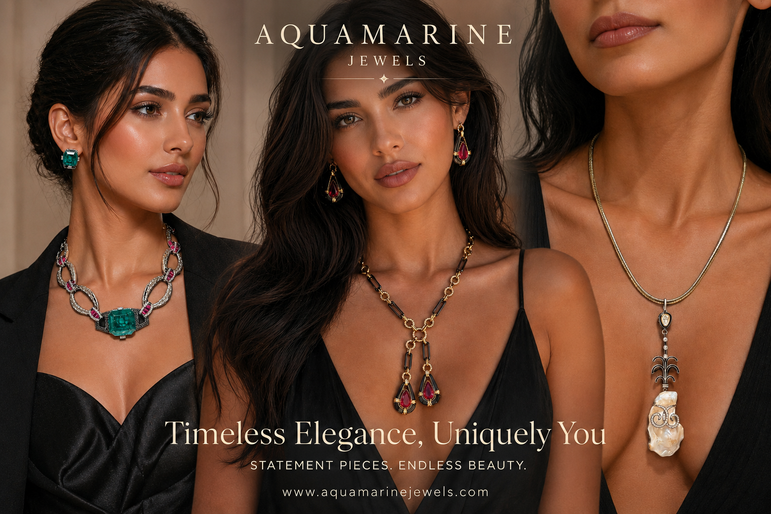 Aquamarine Jewels statement jewellery collection — emerald necklace, ruby drop earrings, and baroque pearl pendant on models in black gowns