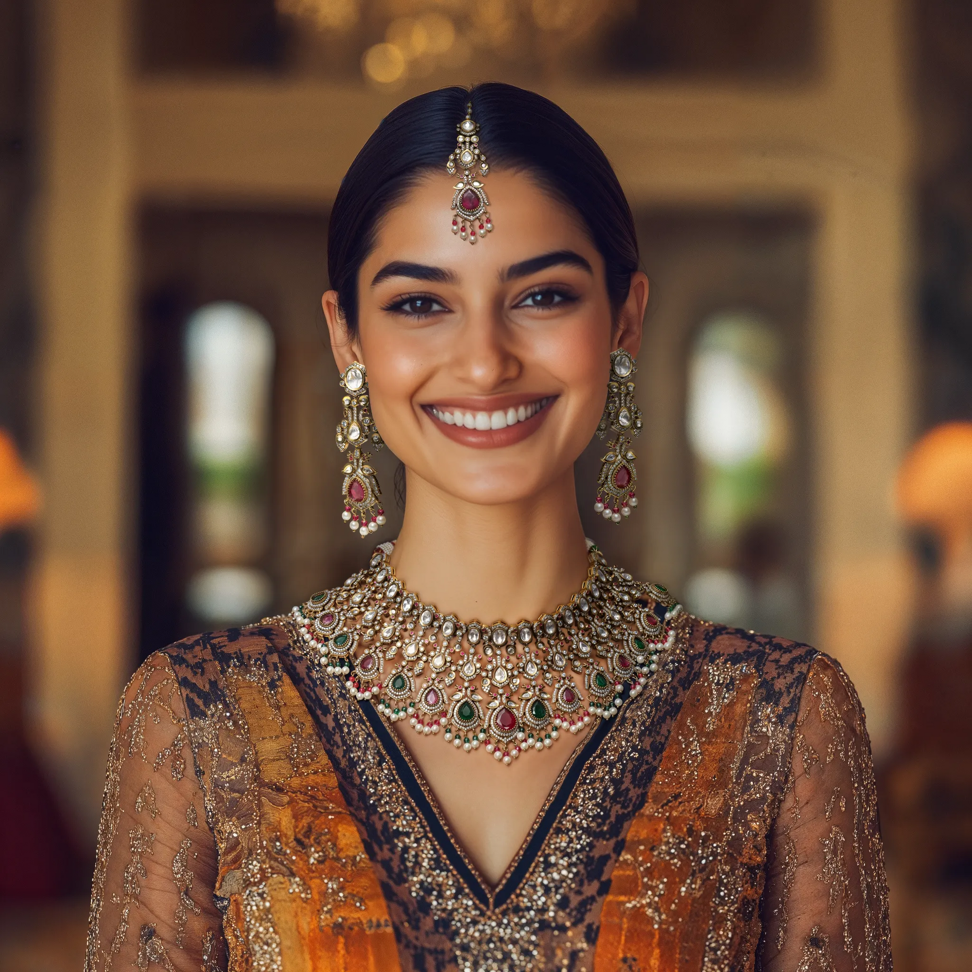 Bride wearing a royal Kundan bridal necklace set with chandelier earrings and maang tikka by Aquamarine