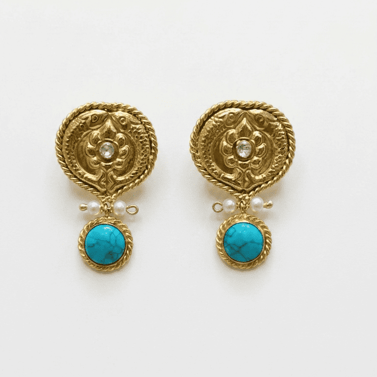 Vintage Turquoise Gold Stud Earrings with Pearl
