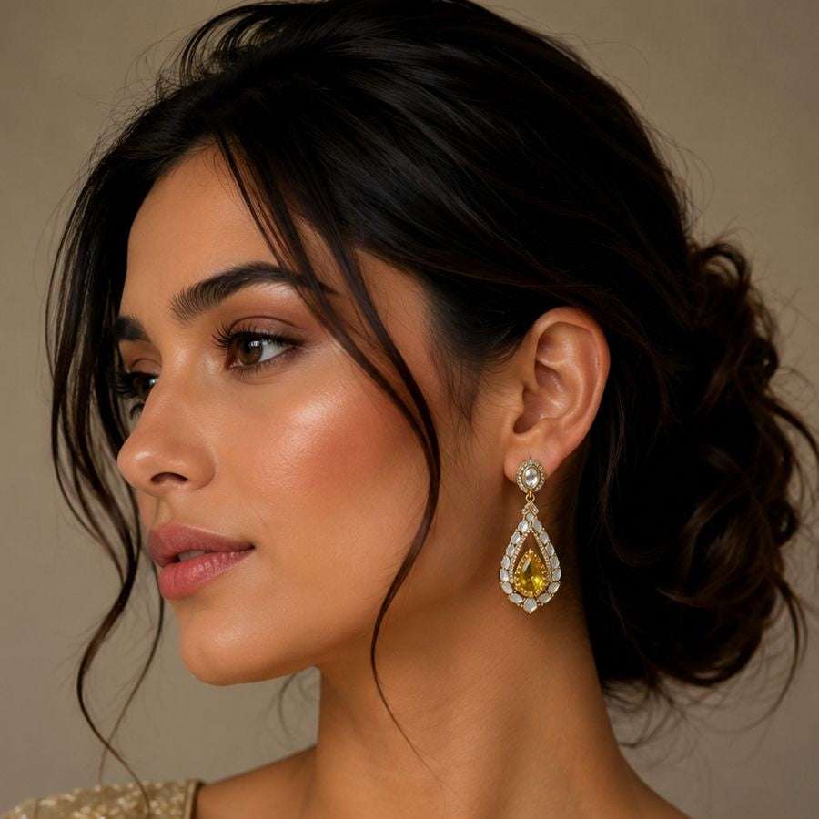 Citrine Teardrop Statement Earrings with Crystal