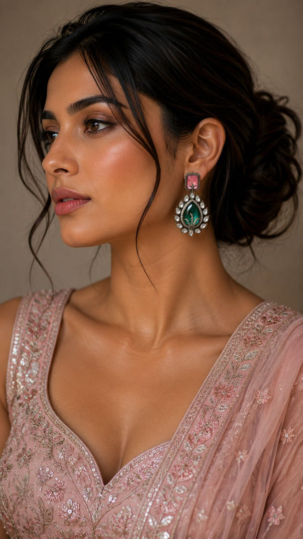 Aquamarine Emerald Pink Kundan Statement Earrings
