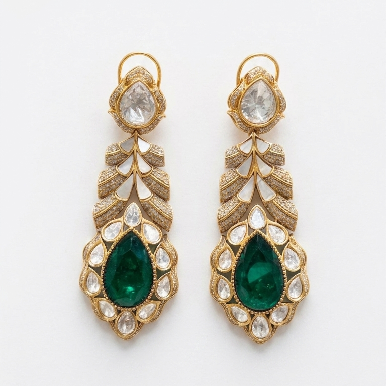 Aquamarine Emerald Polki Statement Earrings