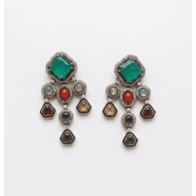Multi-stone chandelier earrings with emerald green square studs, red oval stones, pearl accents, and dangling geometric charms in antique silver finish.