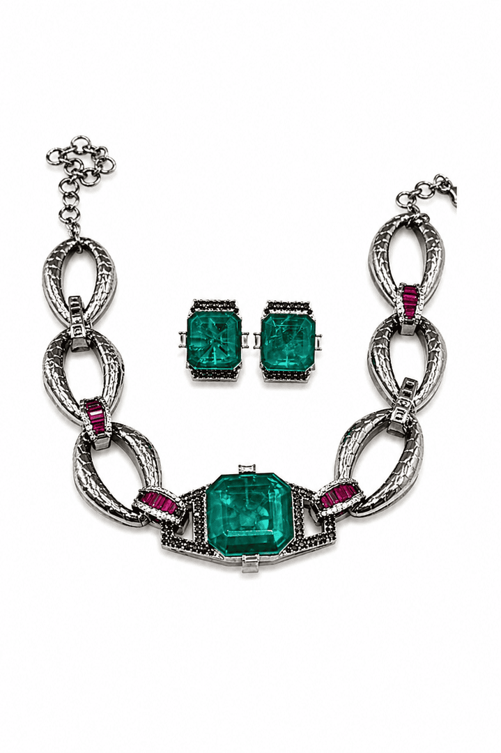 Aquamarine Emerald Crystal Statement Necklace Set