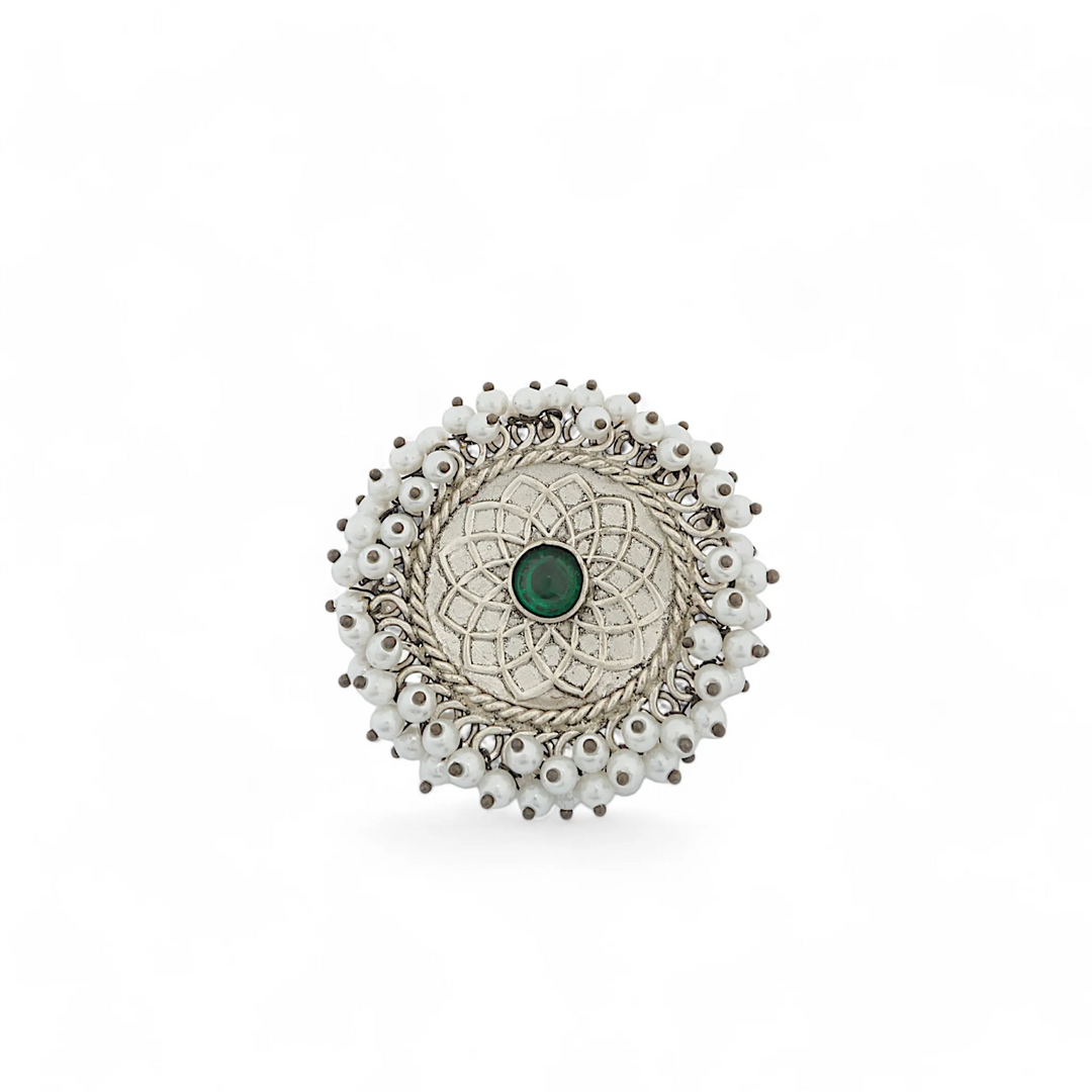 Emerald Pearl Mandala Ring