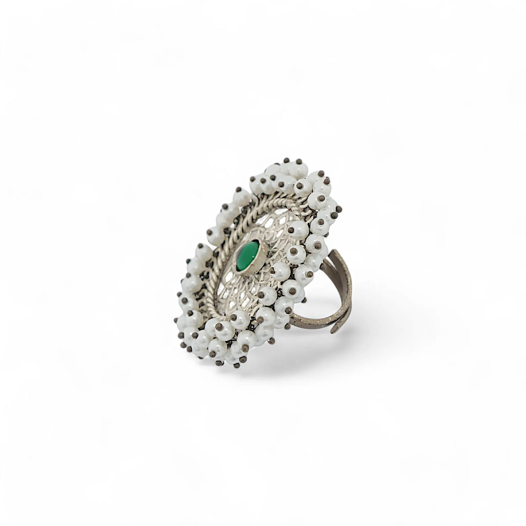 Emerald Pearl Mandala Ring