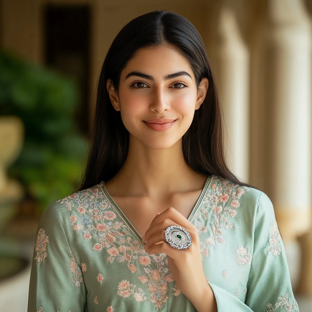 Emerald Pearl Mandala Ring