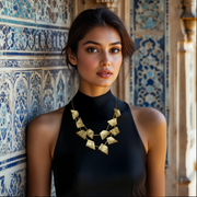 A woman wearing a black sleeveless top and a gold-toned geometric patterned necklace.
