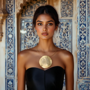 A woman wearing a black dress and a gold-tone necklace with a double-layered, circular pendant.