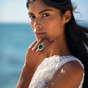 A woman wearing a white wedding dress and a silver ring with a large green emerald centerpiece.
