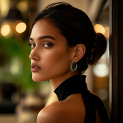 A woman wearing green hoop earrings with a black top, showcasing the earrings with a blurred background.