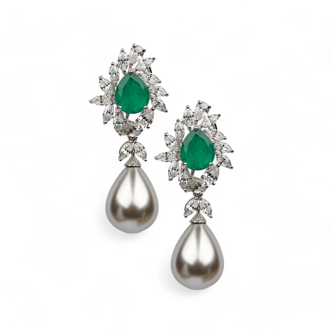 Emerald and Pearl Cascade Silve Earrings