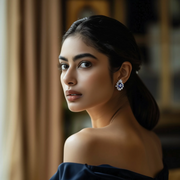 A person wearing silver stud earrings with sapphires.